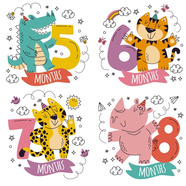 Cartoon style of baby birthday stickers