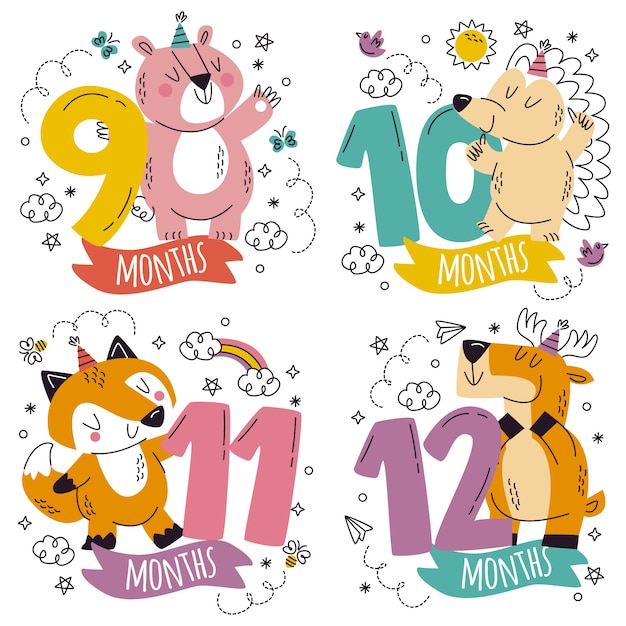 Free vector cartoon style of baby birthday stickers