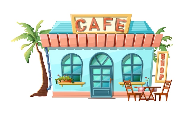 免费矢量卡通风格的咖啡馆商店视图。孤立的用绿色的手掌,餐桌和椅子。