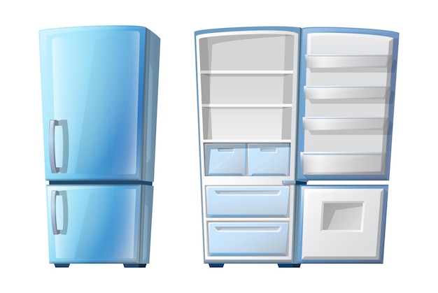 Бесплатное векторное изображение Мультяшном стиле закрытый и открытый холодильник с полками. изолированные
