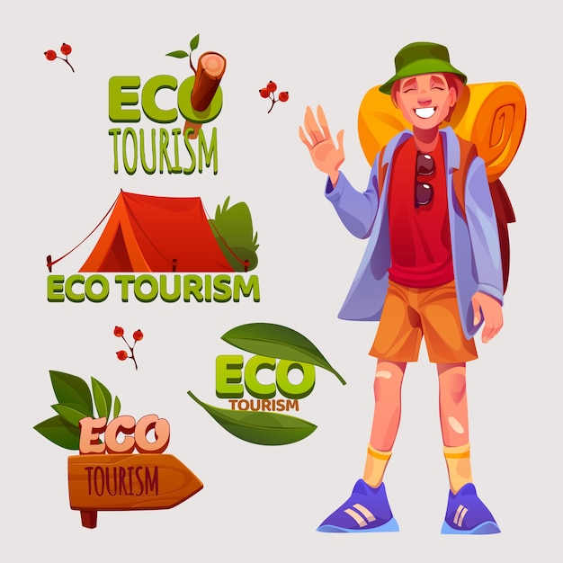 Vettore gratuito set di adesivi per il turismo ecologico in stile cartone animato
