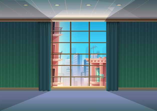 Free vector cartoon style. empty room. restaurant, hotel, living room or bedroom with large window with curtains