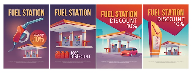 Vettore gratuito banner di distributori di benzina in stile cartone animato