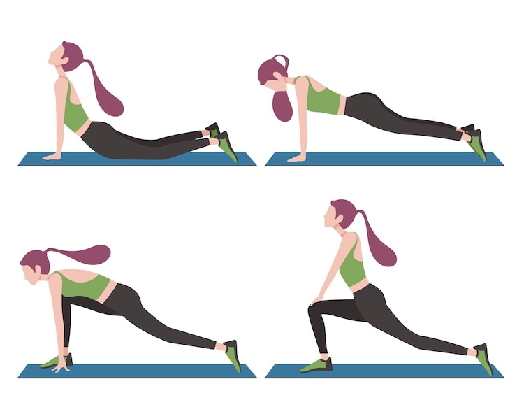 cartoon style happy young men and woman doing yoga activity in side home for stay healthy