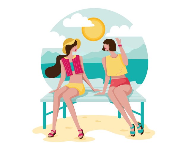 cartoon style happy young woman sitting and gossiping on beach