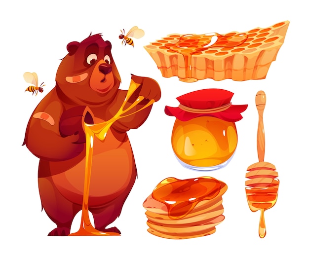 Vettore gratuito miele e orso in stile cartone animato