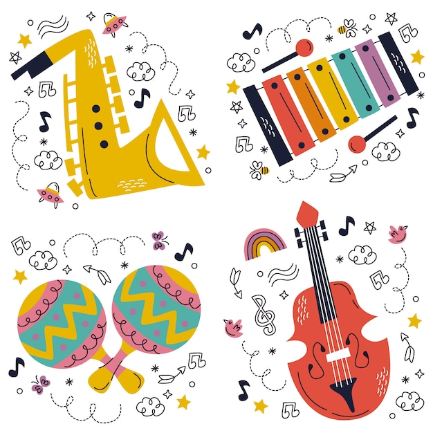 Free vector cartoon style musical instruments sticker set