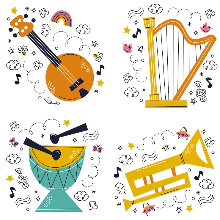 Free Vector cartoon style musical instruments sticker set