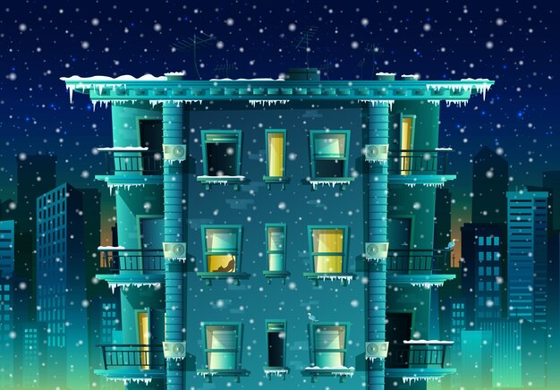 Мультяшный стиль ночной зимний город на фоне хлопьев снега Многоэтажное здание с окнами и балконами