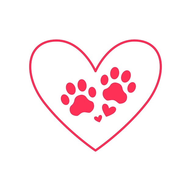 Free vector cartoon style paw foot and heart print on white background