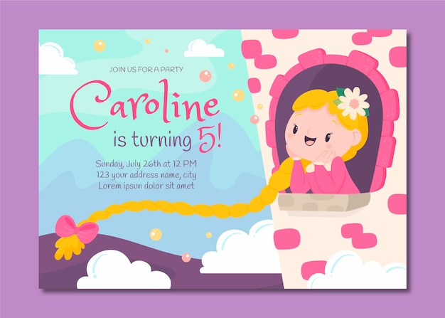 Free vector cartoon style rapunzel birthday invitation