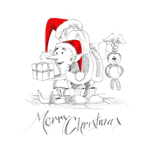 バニーギフトパックと漫画スタイルのサンタクロース雪だるま。メリークリスマス。