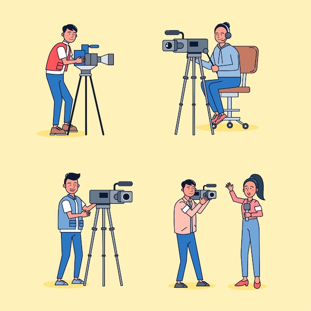 Cartoon style. Set of television videoman and journalist reporting the news in cartoon character, difference action isolated flat  illustration.