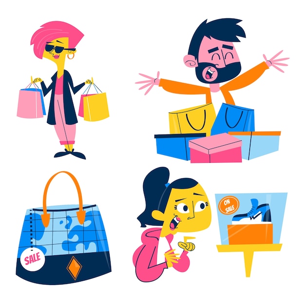 Cartoon style shopping illustration stickers