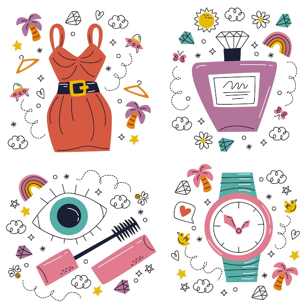 Free vector cartoon style sticker set of shopping items