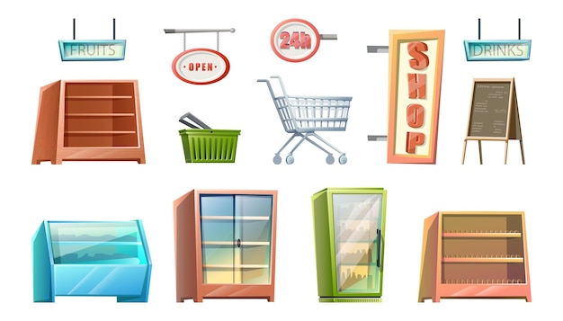 Free vector cartoon style supermarket shop elements isolated on white