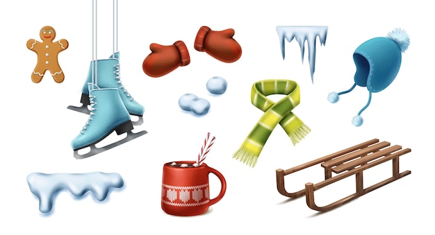 Free vector cartoon style vector icon. collection of winter icons, cacao, snow, sledge, scarf, hat, gloves, ging