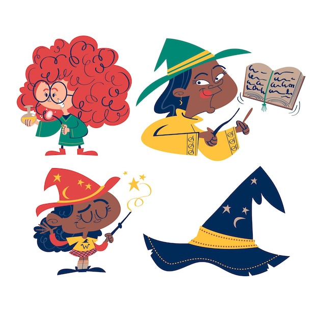 Cartoon style witches and magic stickers