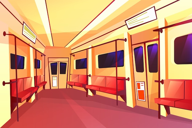 cartoon subway train empty carriage inside interior with passenger seats, handrails doors 
