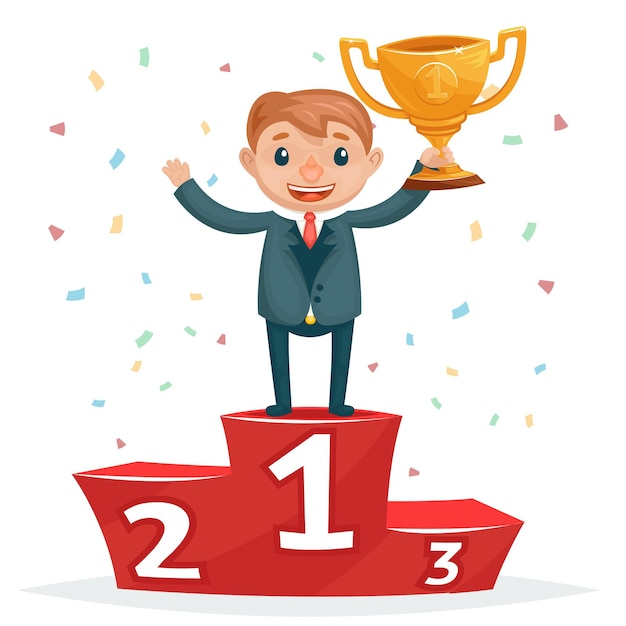 Free vector cartoon successful smiling business man with golden award on winners podium.