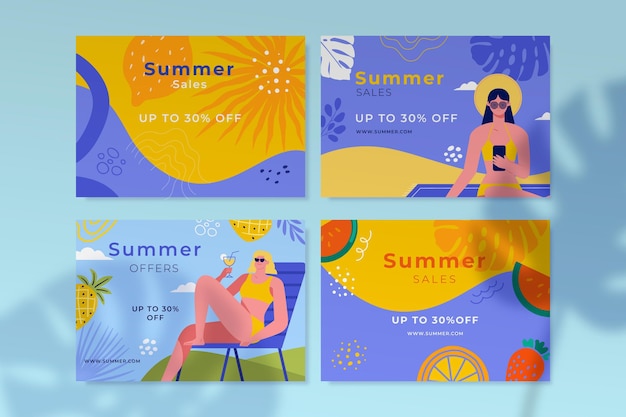 Free vector cartoon summer cards collection