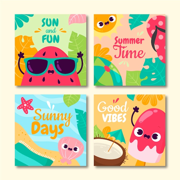 Free vector cartoon summer instagram posts collection