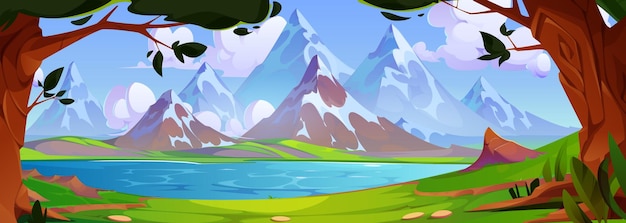 Cartoon summer landscape with lake and mountains