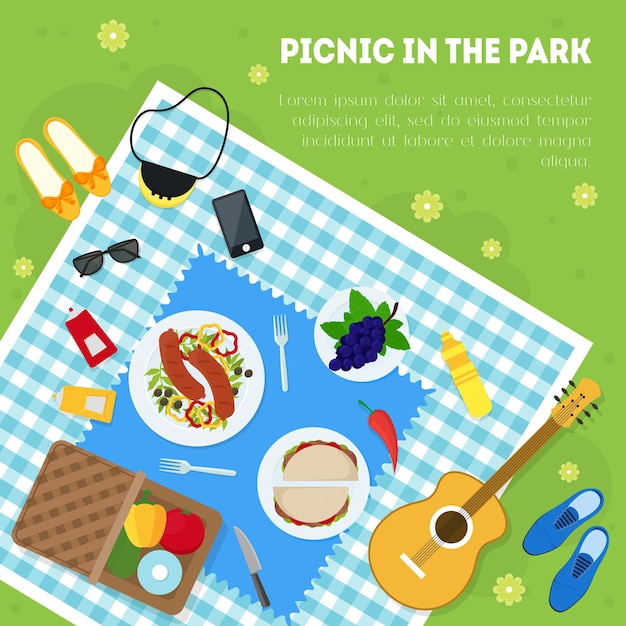 Cartoon summer picnic in park basket card background top view family vacation concept. vector illustration