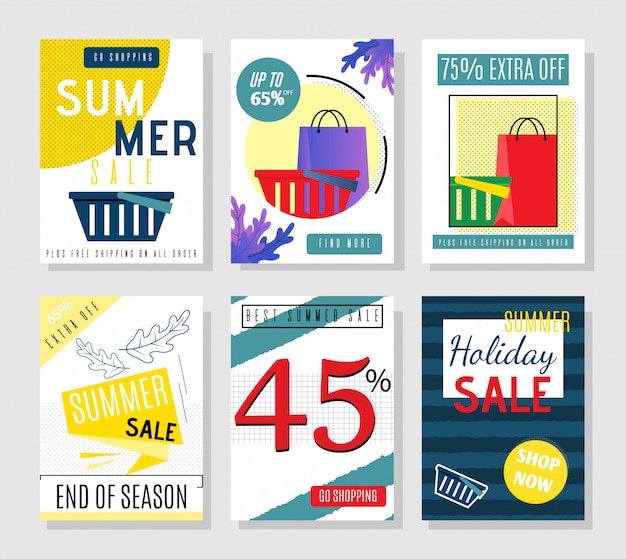 Cartoon Summer Sales Cards and Discount Flyers for Holiday Set