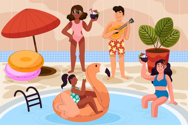 Free vector cartoon summer scene at the pool