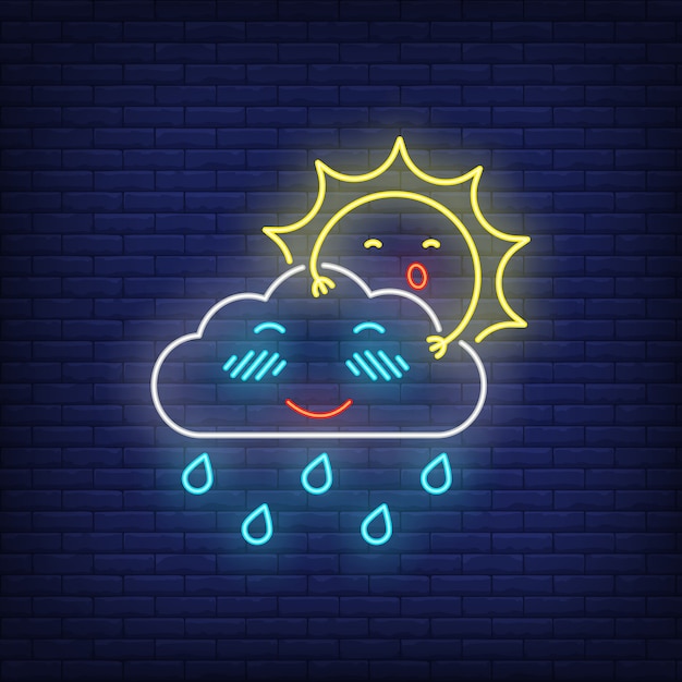 Cartoon sun hiding behind cloud neon sign