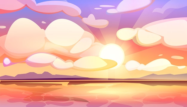 Cartoon sunset or sunrise gradient sky with clouds and sun