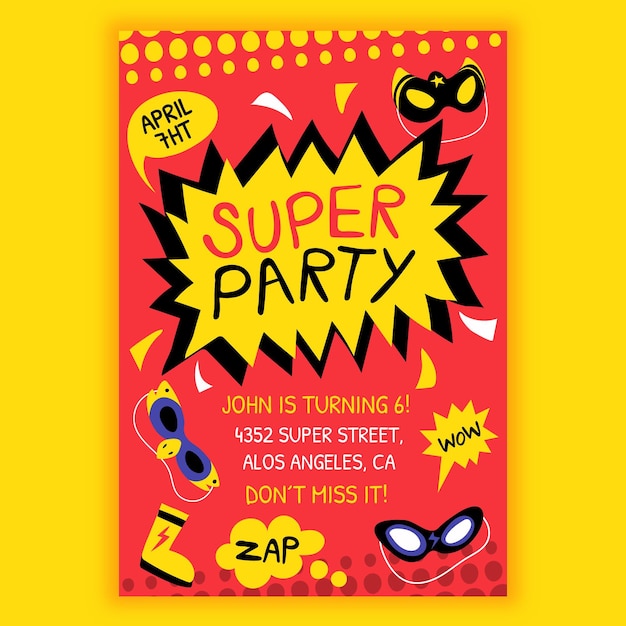 Free vector cartoon superhero birthday invitation template