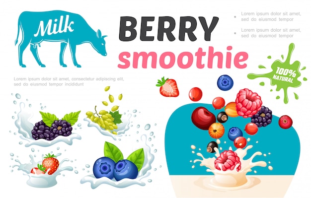 Cartoon sweet healthy smoothies template with natural fresh berries in milk and cream splashes