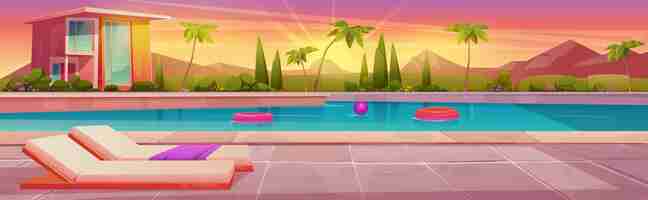 Free vector cartoon swimming pool near villa at sunset