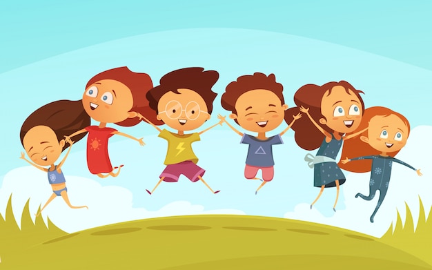 Free vector cartoon team of cheerful friends holding hands