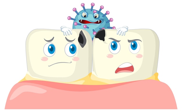 Мультяшные зубы разлагаются бактериями на белом фоне