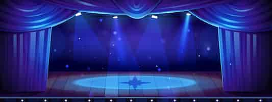 Free vector cartoon theater stage with blue curtains