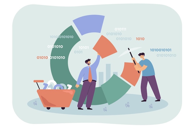 cartoon tiny characters standing near diagram and collecting information using pick and cart. process of software analysis, diagram research flat vector illustration. data mining industry concept