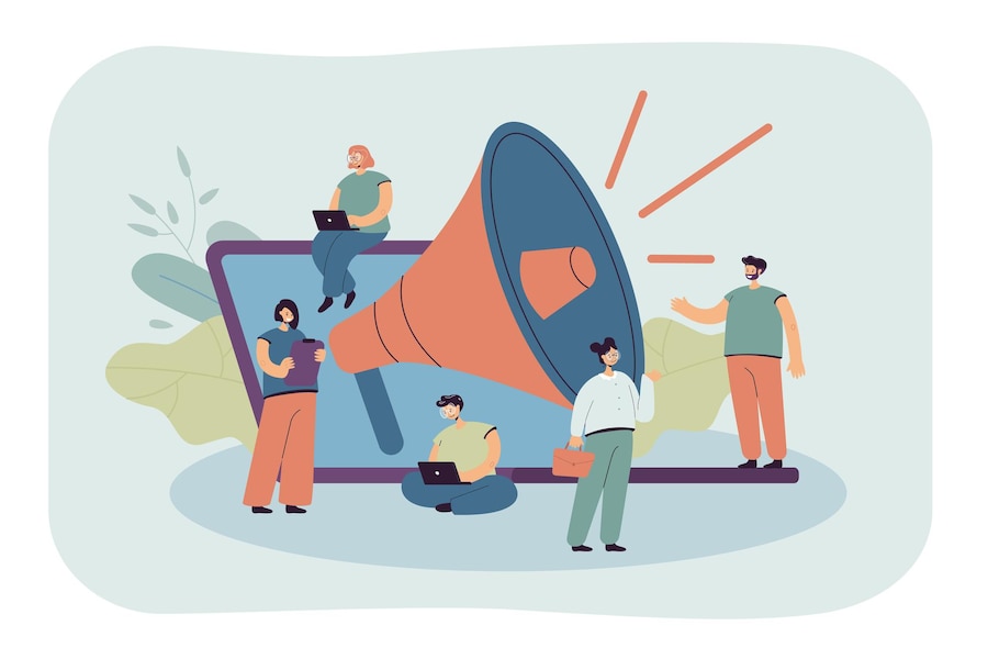 cartoon tiny managers with giant loudspeaker laptop flat illustration