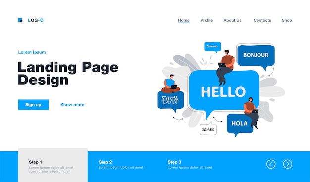 フラットスタイルの国際コミュニケーションオンラインランディングページを持っている漫画の小さな人々
