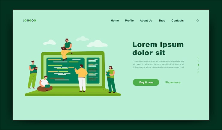 Free Vector cartoon tiny young programmers and coders working with computers. flat  illustration. giant laptop and coding or scripting console web engineers around. software, web, digital technology concept landing page