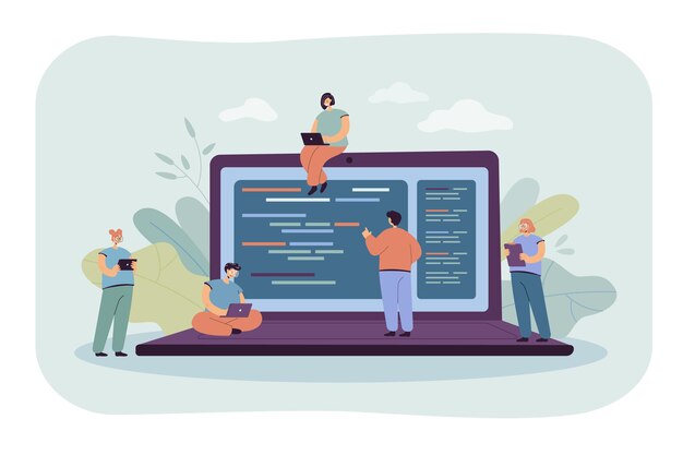 Мультфильм крошечных юных программистов и программистов, работающих с компьютерами. Плоский рисунок.