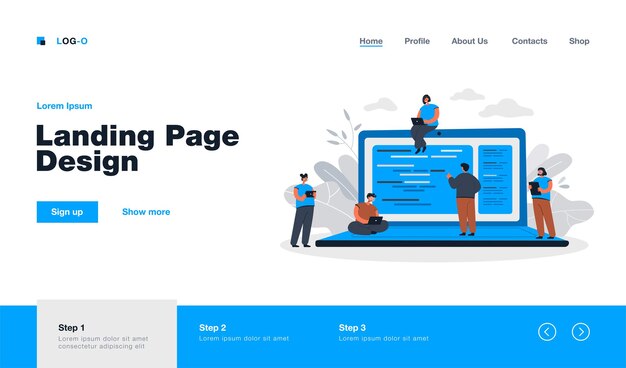 cartoon tiny young programmers and coders working with computers landing page in flat style
