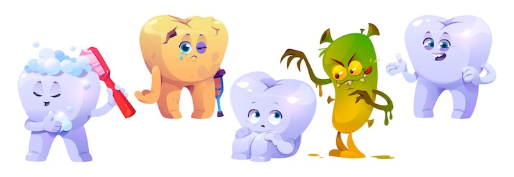 Free Vector cartoon tooth characters for kids dental hygiene
