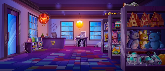 Cartoon toy shop with furniture and goods on shelves at night vector illustration of dark store room with backpacks teddy bears cars rockets books houses air balloons computer on cash desk