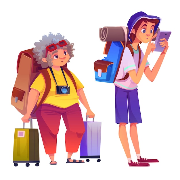 Free vector cartoon traveler characters isolated on white background vector illustration of senior woman standing with backpack and suitcases young man with rucksack scrolling map on smartphone vacation travel