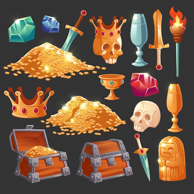 Cartoon treasure chest with golden coins, crystal magic gems, human skull in crown, sword in gold pile and goblet with precious rocks, ancient statue and burning torch vector illustration, icons set