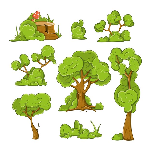 만화 나무와 관목 벡터 세트. 식물 나무, 부시 및 녹색 나무, 숲 나무 그림