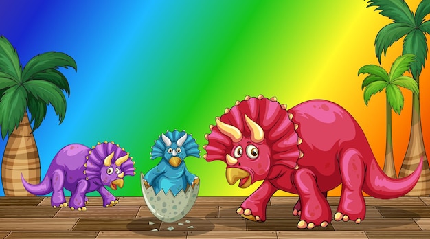 虹のグラデーションの背景に漫画のトリケラトプス恐竜